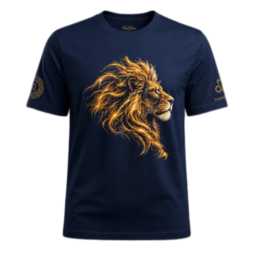 PERSONALIZED – Leo Zodiac Unisex T-Shirt – Old Gold Lion on French Navy
