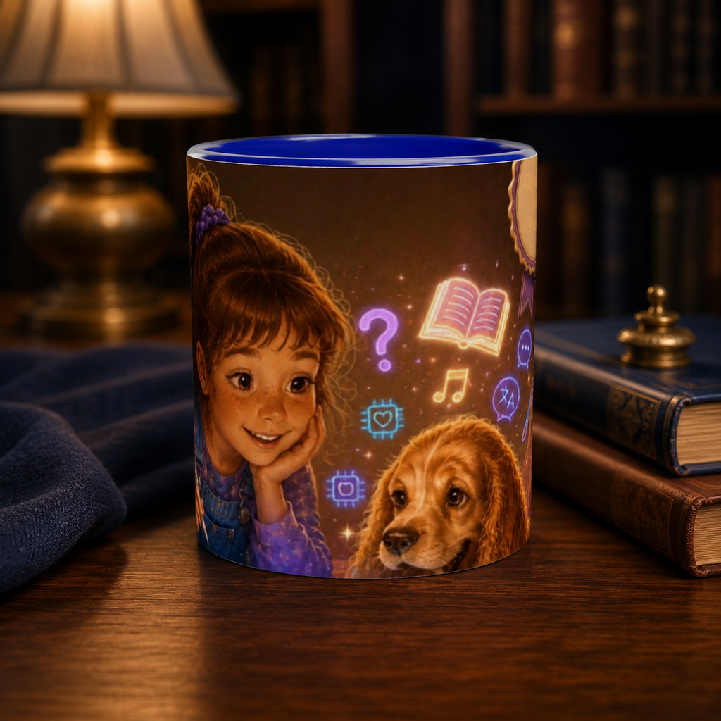 A ceramic mug with a dark brown and blue interior, featuring a printed illustration of a smiling girl, a brown dog, and glowing purple icons, set on a wooden table in a cozy library scene.