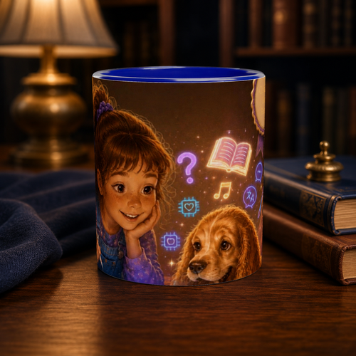 A ceramic mug with a dark brown and blue interior, featuring a printed illustration of a smiling girl, a brown dog, and glowing purple icons, set on a wooden table in a cozy library scene.