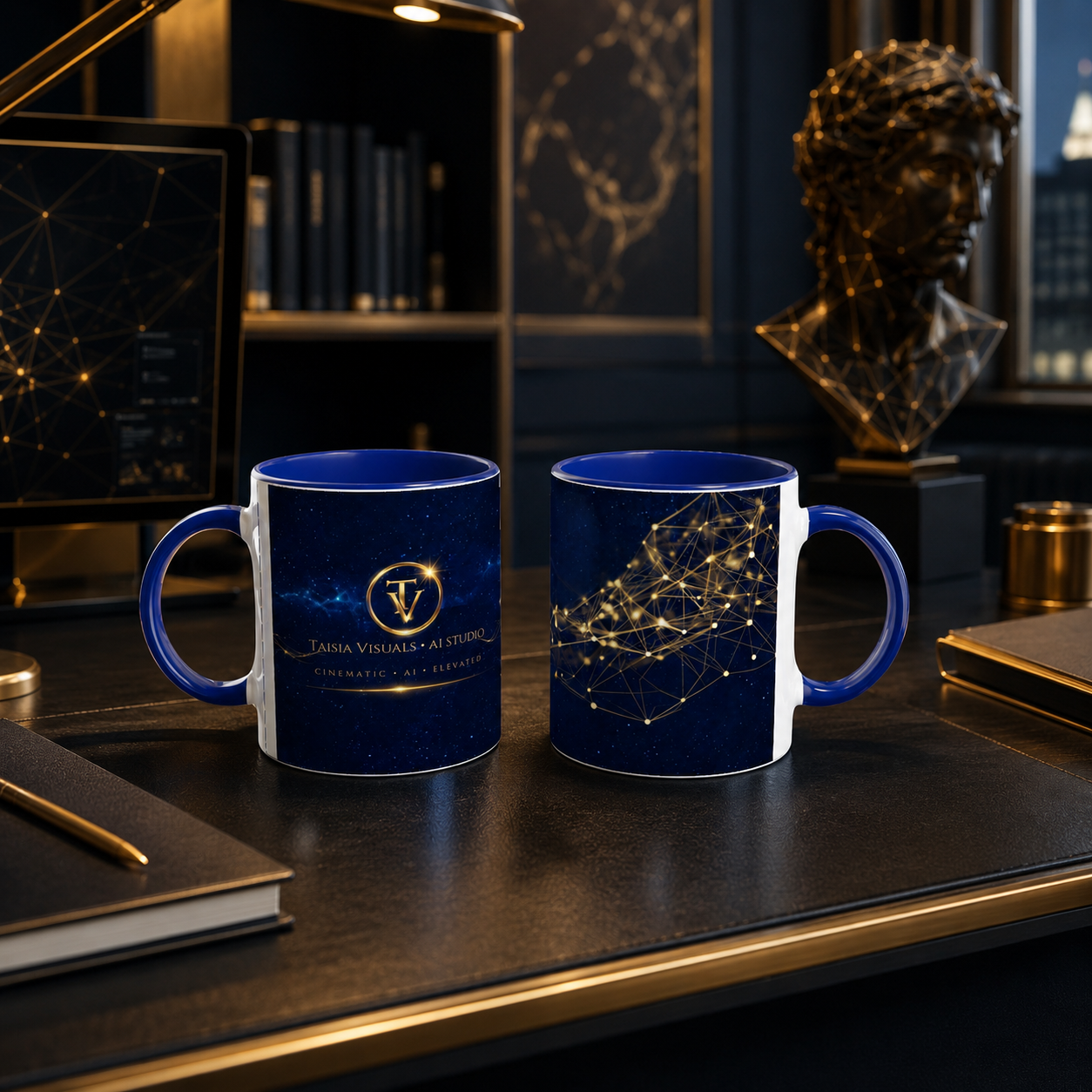 dark blue ceramic mugs with gold and white celestial constellation designs, displayed on a dark desk in a luxurious, dimly lit study with gold accents.